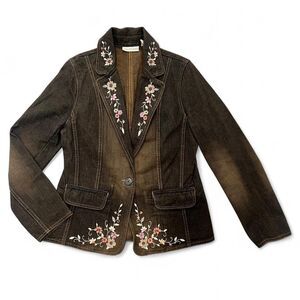 Y2K Grunge Faded Embroidered Denim Blazer Jacket